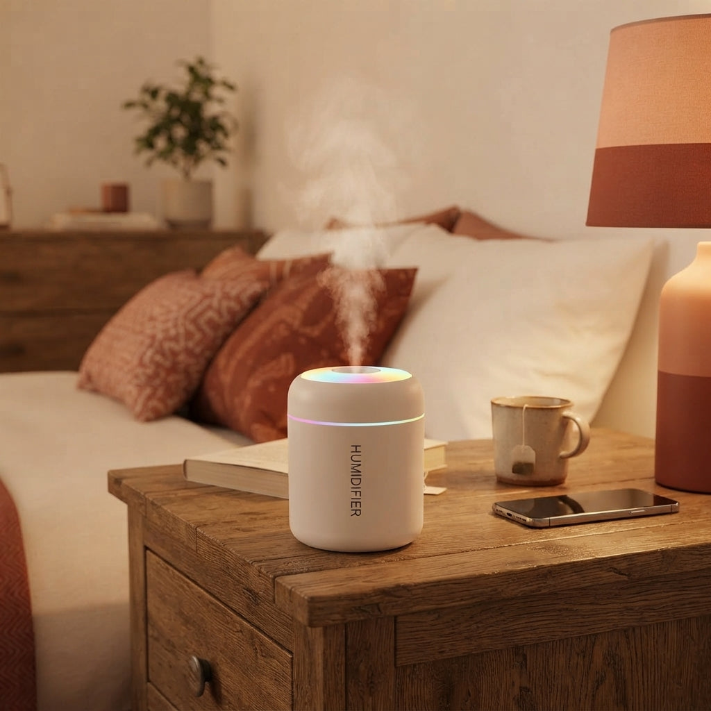 A compact mini humidifier emitting mist on a wooden nightstand with terracotta decor in a cozy bedroom.