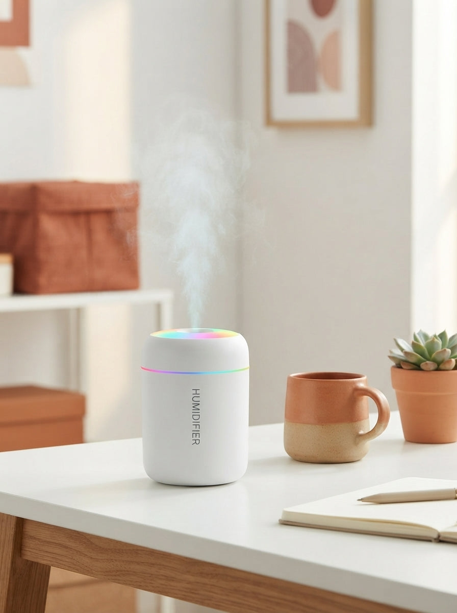 A sleek, portable mini USB humidifier on a white desk with a terracotta mug and small plant, emitting a gentle mist.